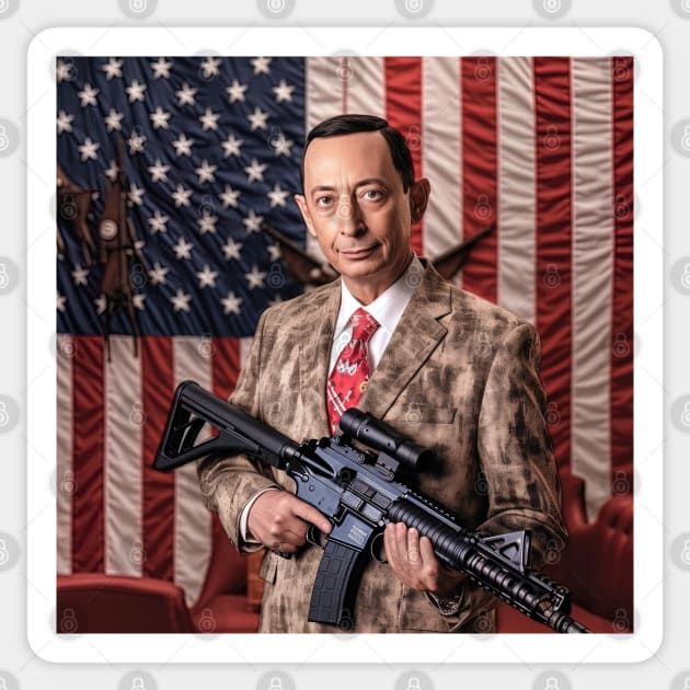 Pee Wee Herman with machine gun, USA flag behind Sticker by Maverick Media